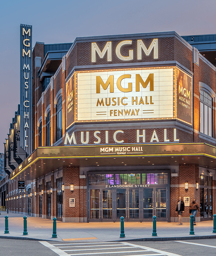 Evening exterior view of MGM Music Hall Fenway.