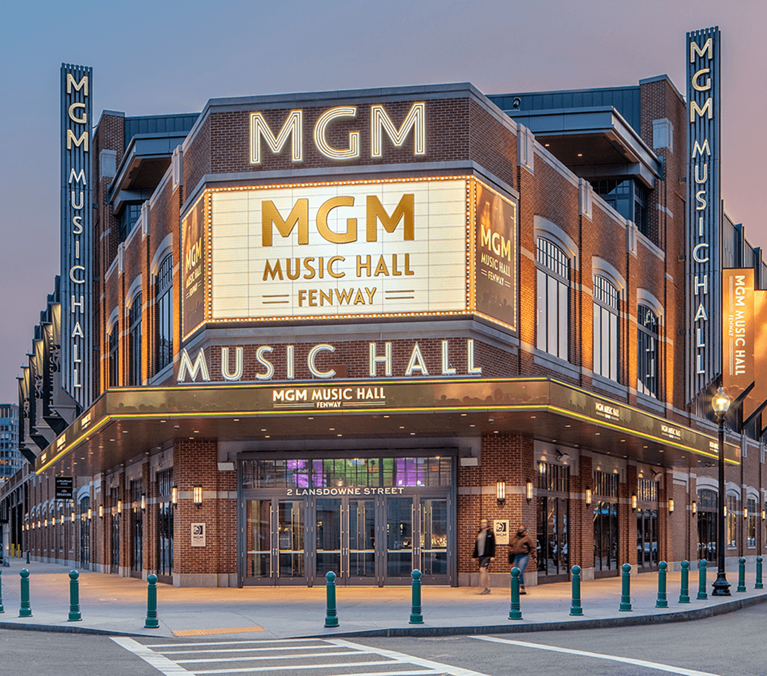 Evening exterior view of MGM Music Hall Fenway.
