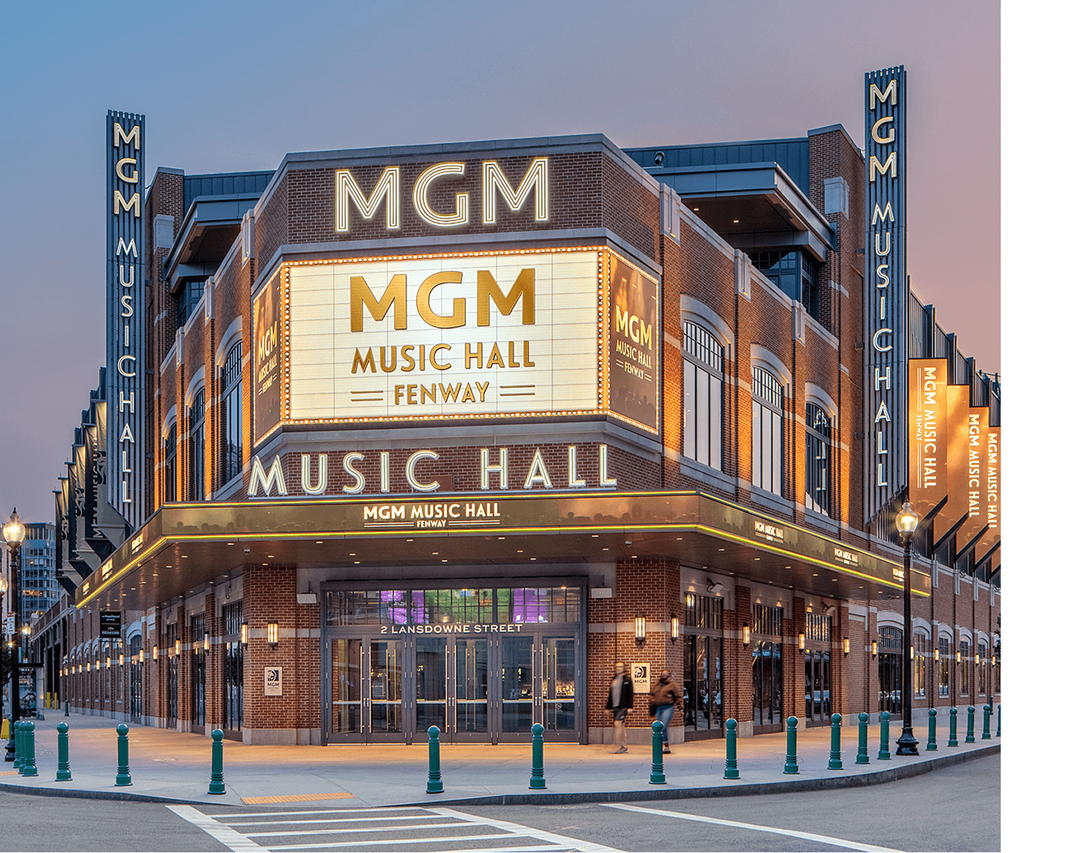 Evening exterior view of MGM Music Hall Fenway.