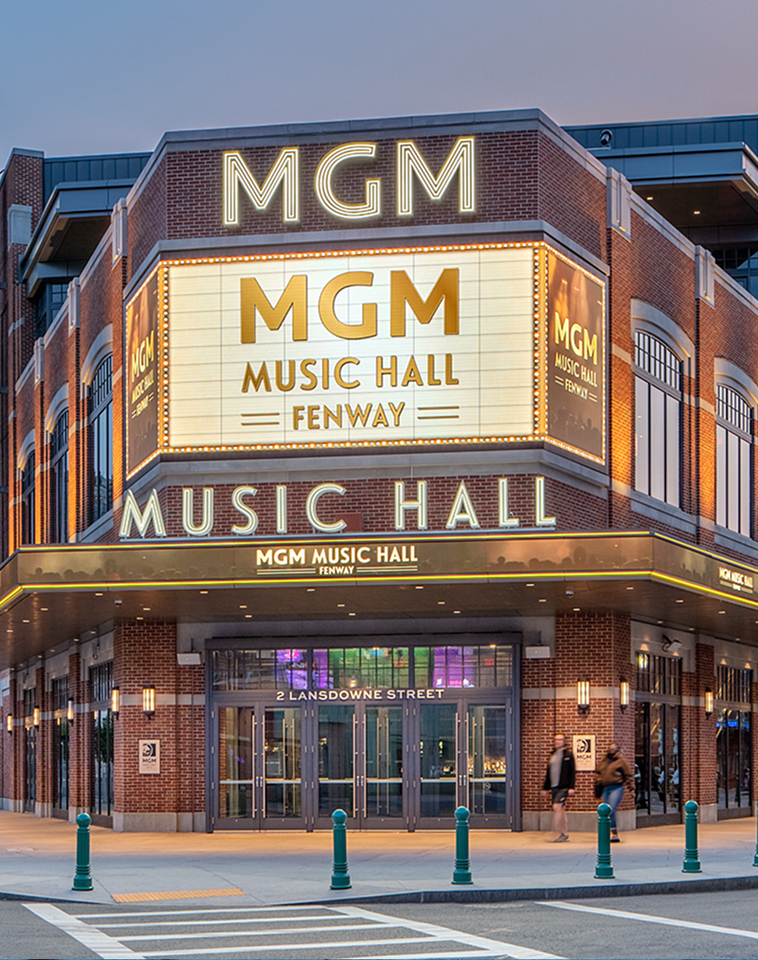 Evening exterior view of MGM Music Hall Fenway.