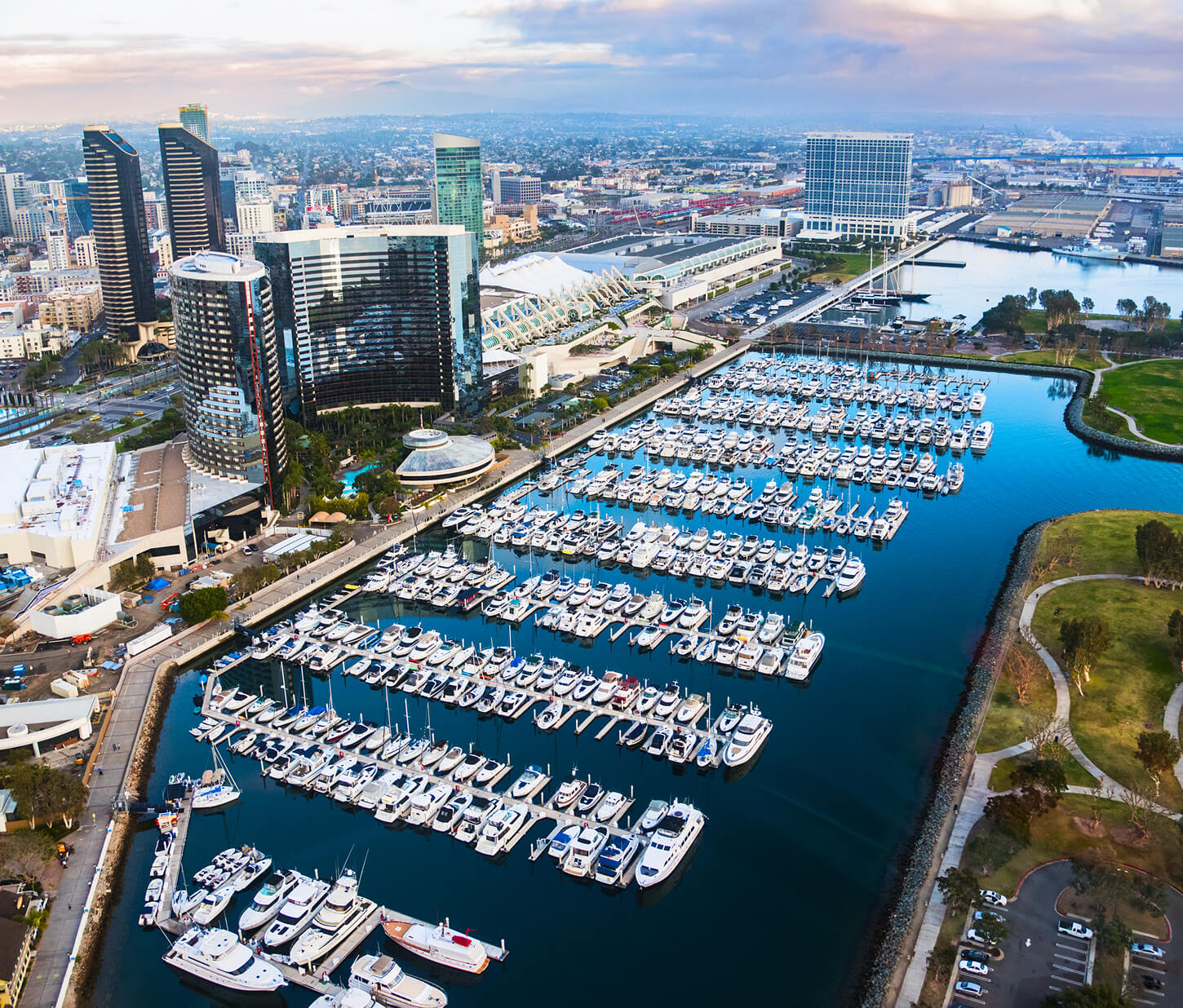 Aerial view of the San Diego skyline and waterfront.